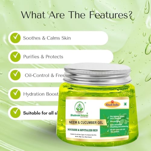 Image of Khadi Organic Neem Cucumber Aloe Vera Gel - Refreshing Skin Relief & Deep Hydration By Bhudevam naturals | Aloe Vera Gel for Dry Skin & Hair | Organic Moisturizing Gel for Women & Men - 200gm