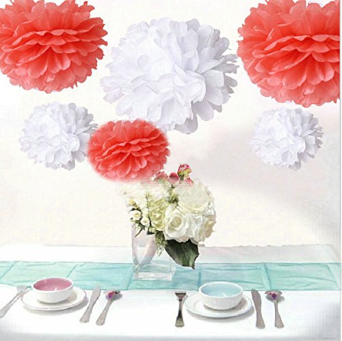 Saitec 12Pcs Mixed Coral White Party Tissue Paper Pom Poms Pompoms Wedding Party Decoration #TOP8