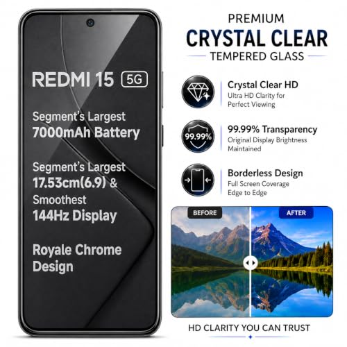 Image of ArmourPro 3D Borderless Tempered Glass for Redmi 15, Note 15 Pro, Poco F7 and Poco M7 Plus, Set of 2 HD Clear Screen Protectors with 3D Curved Edges, 9H Hardness, Oleophobic Coating, Case Friendly