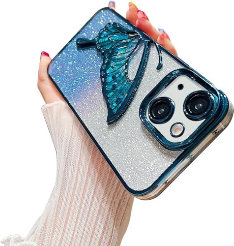 Image of mobistyle Designed for iPhone 14 Plus Cover with Glitter Cute Butterfly Electroplating Design Back Cover Case for Women Teen Girls (Blue)