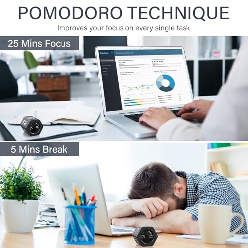 Image of Rotating Pomodoro Timer 5, 25, 10 30,60 Mins Preset Stopwatch, Desk Flip ProductivityTimer, ADHD Tool Hexagon, Vibration /Mute /Alarm, for Work, Study, Back to School, Kitchen, Black