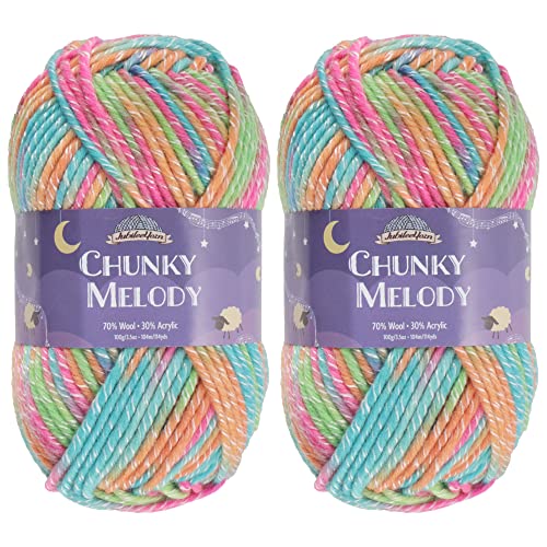 JubileeYarn Chunky Melody Yarn - 100g/Skein Bulky Wool Blend - Rainbow Sherbet - 2 Skeins