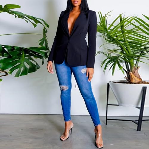 Women's One Button Blazer Coat Sexy Casual Lace Up Backless Deep V Neck Work Office Blazers Jacket4