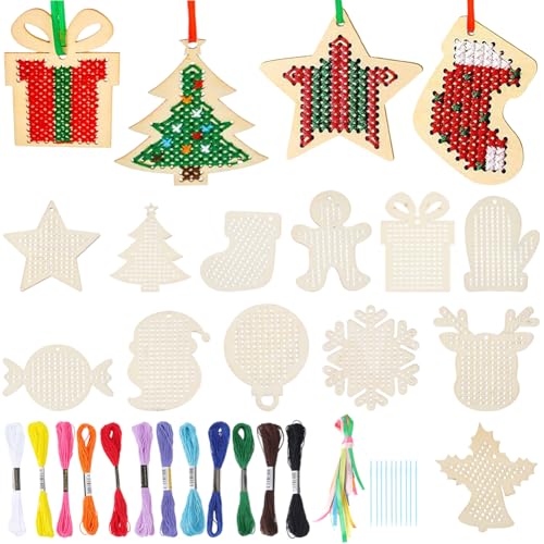 SUNNYCLUE Kit de Punto de Cruz de Madera para Manualidades, Adornos Navideños de Madera, Copos de Nieve, Árbol de Navidad, Estrellas, Renos, Decoraciones Colgantes de Invierno, Kit de Punto de Cruz pa