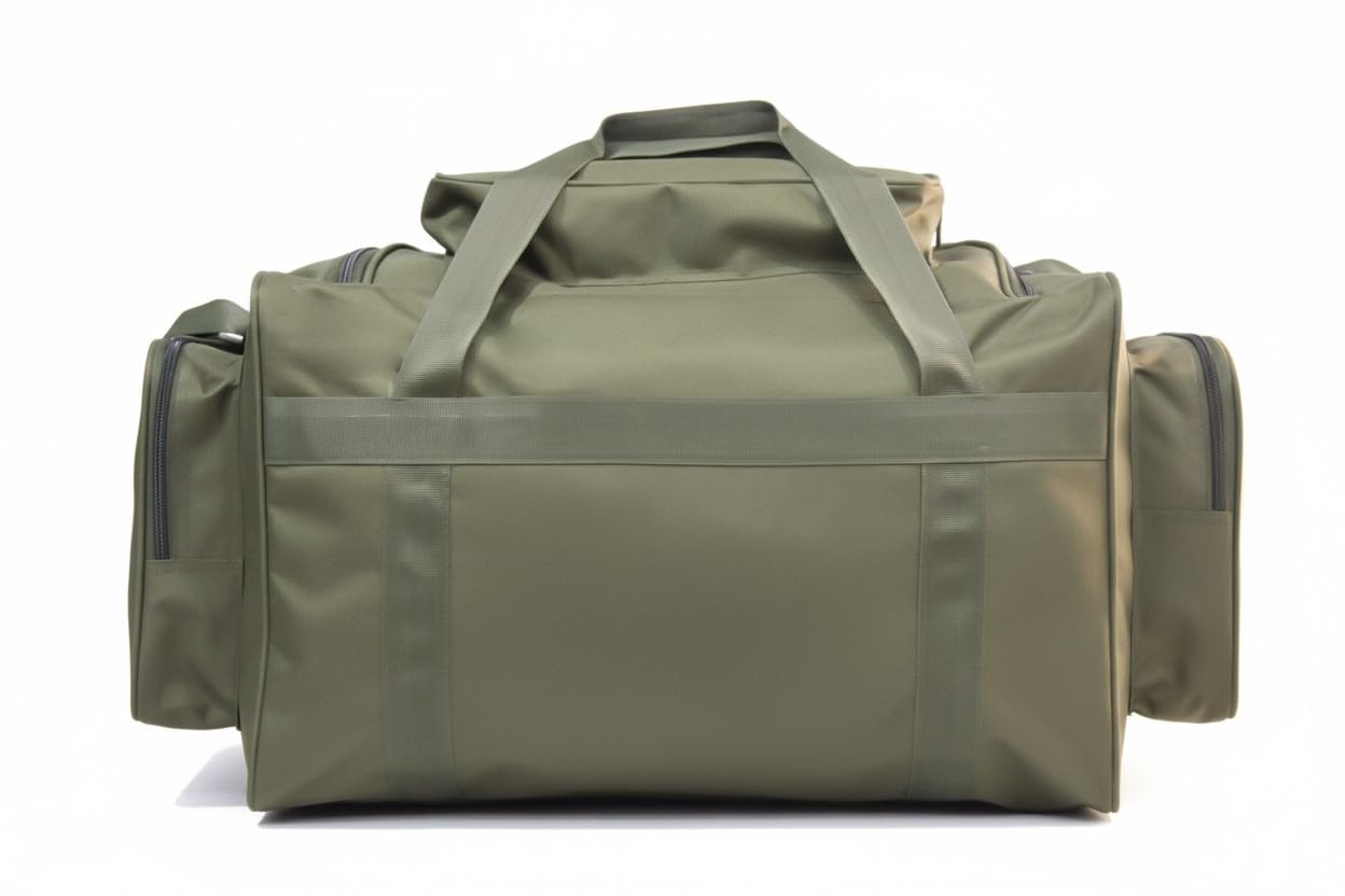 TMC Borsa grande per attrezzatura da pesca alla carpa, verde, tasche multiple, protezioni per la base, misura 50 x 35 x 30 cm (corpo principale) 60 x 40 x 35 (tasche incluse)