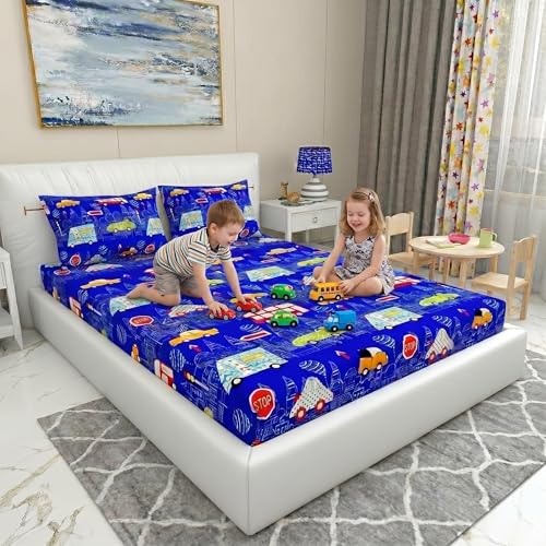 Image of Filymore Kids Blue Car Design Elastic Fitted Bedsheet for Double Bed (72x72 Inches), Pure Microfiber, 1 Bedsheet & 2 Pillow Covers, Fits up to 6 Inches, Blue and Red