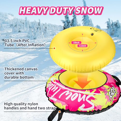 Premium Eco-Friendly Snow Tube - Ultra-Durable Recycled Fabric Cover, Puncture-Resistant, with Comfort Handles & Tow Rope for All-Terrain Snow Sledding (Red Yellow, L)