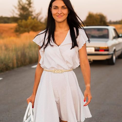 Xindojuz Gold Belt for Dresses Women Fancy, 1 PCS Gold Chain Belt Women Jeans Pants Fashion Skinny Metal Cinch Belts Elastic Waistband Skinny Thin Girdle Waist Belts for Girls (63×0.9×0.4 cm)4