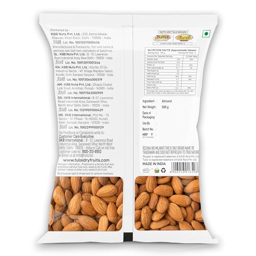 Image of Tulsi Rozana Value California Almonds 500g | Whole Almond | Badam Giri | Rich in Protein | High in Fiber | Good for Health | Loaded with Antioxidants | Nuts & Dry Fruits | Healthy Nuts