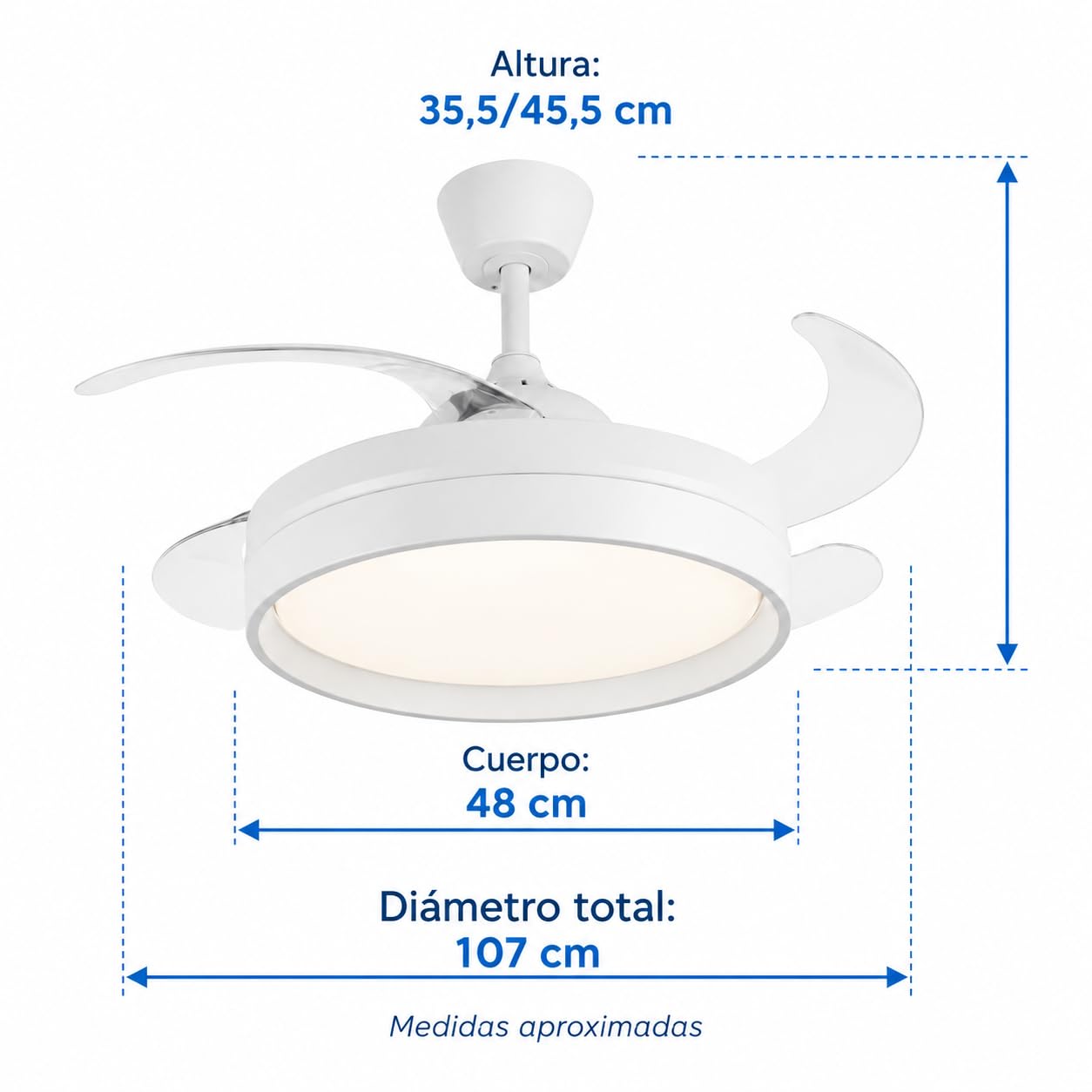 Ventilador de Techo con Luz LED 40W+40W Motor DC, 5900lm, Ultra Silencio 4 Aspas retráctiles, Mando a Distancia, 6 Velocidades, Temporizador 1/2/4H,3 Tonos 3500K/4000K/6500K, Función Verano/Invierno