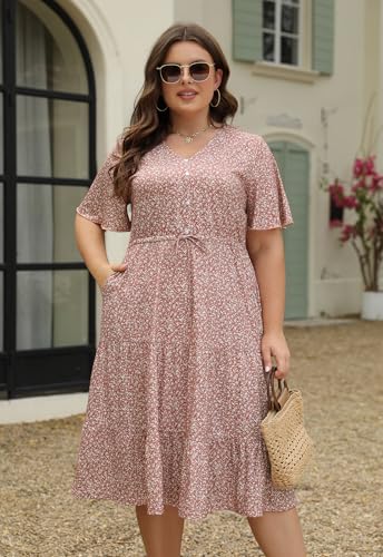 Image of Keluummi Plus Size Summer Midi Dresses for Curvy Women, Casual Boho Floral V Neck Dress with Pockets