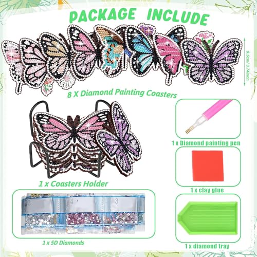 Image of 8 Pack Butterfly Shaped Diamond Painting Coasters with Holder - DIY Rhinestone Cup Mats Set for Table Decoration, Bling Craft Kit & Gift for Women Adults