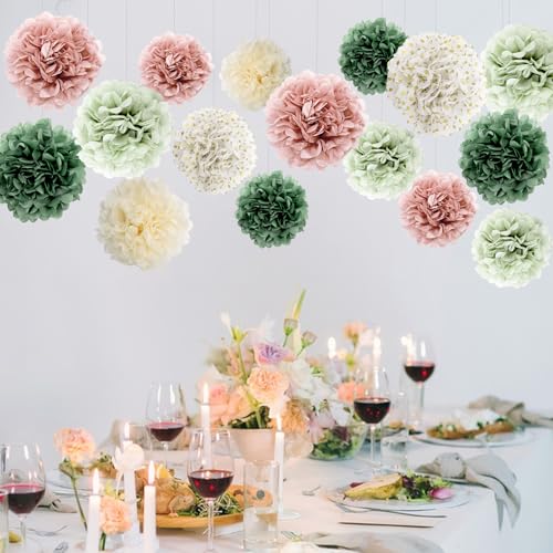 Image of BestoFun 16 PCS Pink Green Party Decorations Tissue Paper Flowers Pom Poms Decorations for Girl Groovy Birthday Baby Shower Wedding Bachelorette Room Wall Hanging Decor