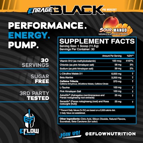Image of eFlow Nutrition Enrage Black High Stimulant Pre Workout Supplement - Preworkout Powder to Boost Energy, Pumps and Strength - 4 Flavors (30 Servings) (Sour Mango)