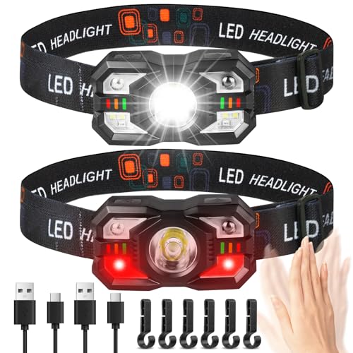 Adiwo Linterna Frontal LED Recargable, 2 Piezas Linterna Cabeza con 3 Modos de Iluminación, USB Recargable, Luz Frontal Cabeza IPX5 Impermeable para Correr, Acampar, Cenderismo, Pesca, Ciclismo