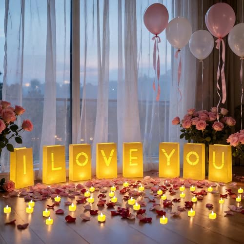 Image of Valentines Day Decorations, Special Night Romantic Decorations - I Love You Light Up Letters Luminary Bags with Bright Flameless Tea Candles and Fake Rose Petals, Happy Anniversary