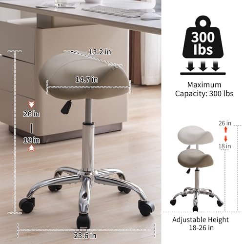 Image of FIRAVOE Saddle Stool, Swivel Saddle Stool with Wheels, Adjustable Rolling Stool 18 inch-26 inch, Faux Leather Rolling Stool for Salon, Massage, Clinic, Lab, Office (Light Grey, 1PCS (18 inch-26 inch))