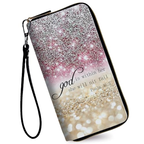 Image of Women's Wallets,Credit Card Holder Money Leather Long Wallet with Wristlet,Large Capacity with Zip-Around Phone Purse for Women Ladies Girls,Pink Glitter Psalm 46:5