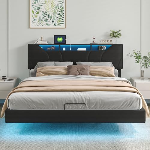 BRYXR Cama doble 160 x 200 cm con iluminación LED, moderna cama flotante con función de carga USB y espacio de almacenamiento, altura del cabecero ajustable, cama funcional hidráulica en negro, PU