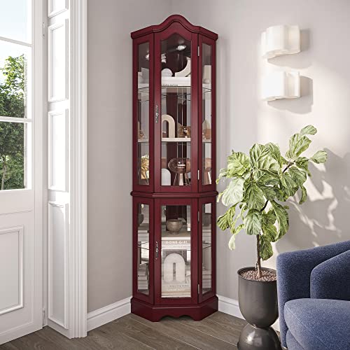 BELLEZE Lighted Corner Display Curved Top Curio Cabinet Wooden Shelving Unit with Tempered Glass Door, Bar and Liquor Storage Area with 5 Shelves - Lo