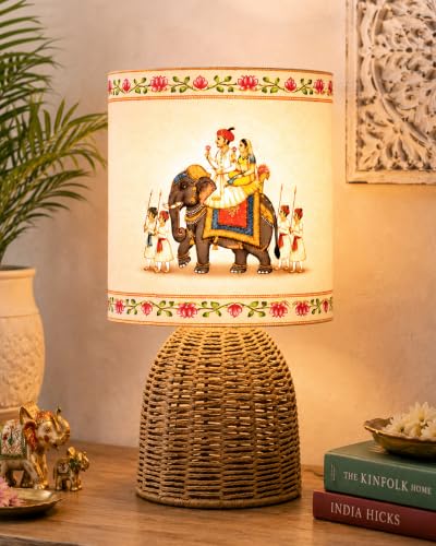 Image of Homesake Handwoven Rattan Table Lamp with Rajasthani Art Fabric Shade, Decorative Raffia Cane Bedside Lamp for Bedroom, Boho Table Lamp for Living Room, E27 Holder, Warm Ambient Home Decor Lighting