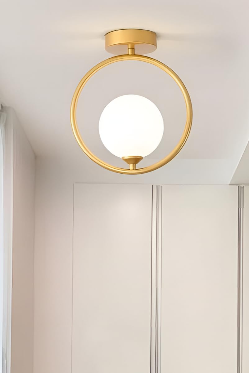 GLOMZY Modern Gold Semi Flush Mount Ceiling Light with Frosted White Glass Globe, Nordic Round Ring Design, Metal Indoor Ceiling Lamp for Living Room, Bedroom, Hallway & Entryway(Bulb Not Included)-image-6