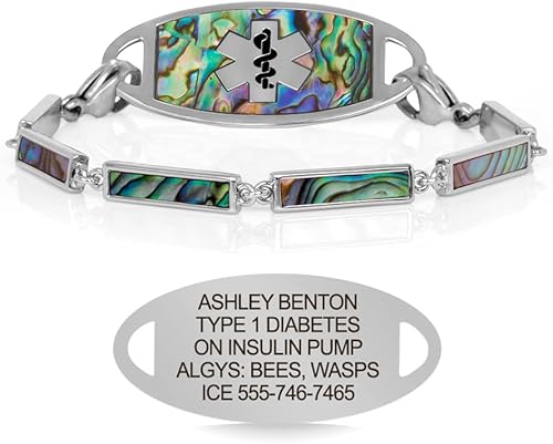 Pulseras de alerta médica de tono plateado y abulón para mujer, elegante pulsera de identificación grabada personalizada, para diabetes,