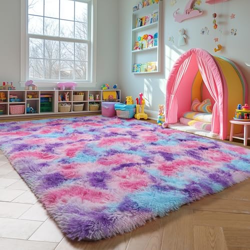 Amdrebio Hot Pink Rainbow Area Rug for Girls Bedroom 6x9, Large Fluffy Cute Fuzzy Colorful Pastel Kids Rugs for Nursery Playroom Classroom, Shaggy Princess Carpet for Baby Toddler Teen, Home Decor
