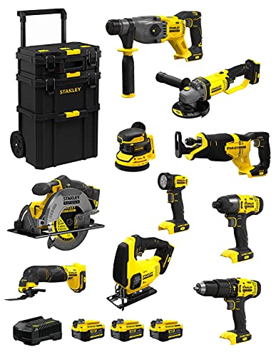 STANLEY FatMax Kit SVK1001 (SFMCH900 + SFMCG400 + SFMCD711 + SFMCF800 + SFMCS500 + SFMCS600 + SFMCW220 + SFMCS300 + SFMCE500 + SFMCL020 + 3 Batteries de 4,0 Ah + Chargeur + Caddy 3en1)