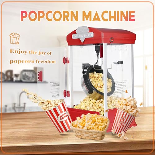 Image of 8 Oz Popcorn Machine Maker, Countertop Pop Corn Machine, Tabletop Popcorn Machine Makes Up to 32 Cups, Movie Theater Popcorn Popper Machine with Stainless-Steel Kettle for Home Family, 300 W, Red