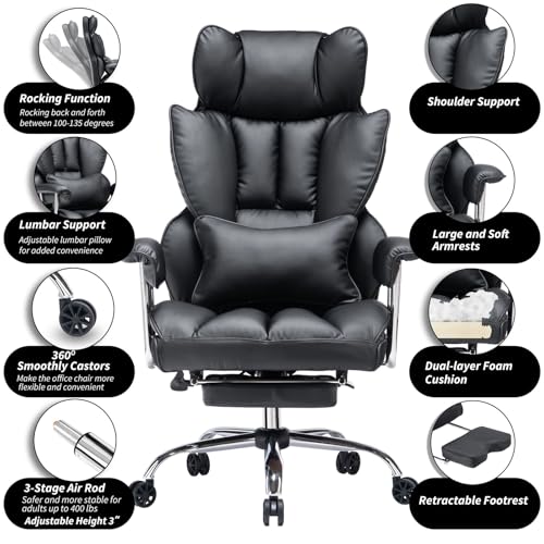 Image of Efomao Big and Tall Office Chair 400lbs - High Back Executive Chair with Swivel Base, PU Leather Upholstery, Lumbar Pillow, Padded Armrests, and Rolling Wheels,Black Computer Chair