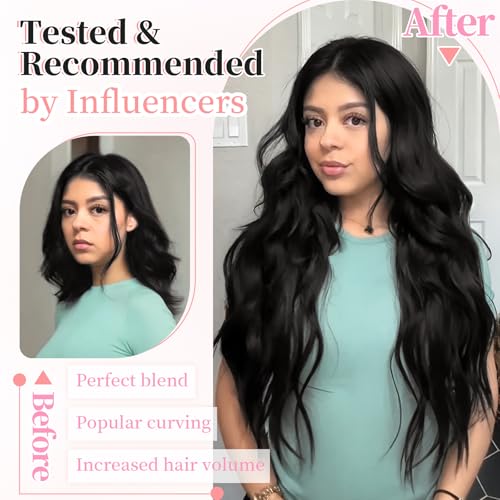 Image of KooKaStyle Wavy Thick Clip in Hair Extensions 24 inch Natural Black | 4 Pieces Clip in Extensions,Fiber Double Weft Hairpieces,Natural Volume,Beach Wave Long Synthetic Hairpieces for Women