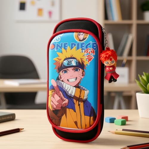 Image of KiddiBox One Piece Anime Pencil Case - Double Zipper Pouch with Anime Character Charm & Keychain for Students (Black Red)