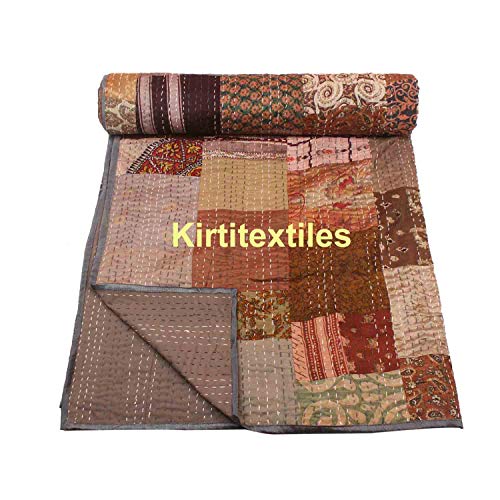 Image of Silk Hand Made Design Kantha Quilt Blanket, Bed Cover, Bedspread (Size 90 inch X 108 inch) - Multicolour