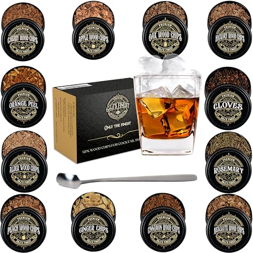 12 Wood chips for Cocktail Smoker/Smoke Gun| Woodchips for Smoking Whiskey/Bourbon/Old Fashioned| Cherry, Apple, Oak, Hickory, Cinnamon, Ginger, Orange Peel, Cloves, Alder, Peach, Rosemary, Mesquite