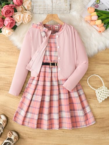 Image of PureChapter Girls' Preppy Clothes Plaid Vest Dress Cardigan Jacket Belt Cute Kids Clothes 7-14Y Green