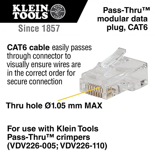 Image of Monoprice Cat6 Ethernet Bulk Cable, 550Mhz, 10G, UTP, 24AWG, 250 Feet, Blue & Klein Tools VDV826-703 Pass-Thru Modular Data Plug, RJ45 CAT6, 50-Pack