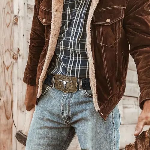 Image of Cowboy Cowgirl Belt Western Belts for Men Women Floral Engraved Longhorn Bull Buckle Belt for Jeans