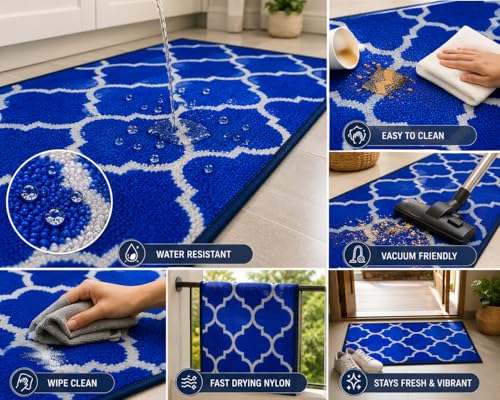 Image of Matz&More Anti Slip Kitchen Runner & Doormat Combo (50x120cm + 40x60cm), Nylon Tufted Floor Mat with Rubber Backing, Carpet for Kitchen, Bathroom, Entrance & Bedside, Trellis Two Toned Blue