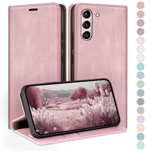 Étui cuir Samsung S21 FE de premium HUOUH avec fentes cartes et étui RFID rose