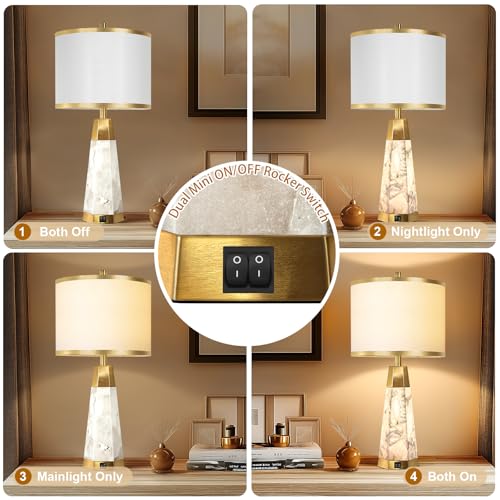 27" Natural Alabaster Table Lamps Set of 2 - Lamps for Living Room with Night Light, Bedside lamps with White Linen Shade, Nightstand Table Lamp with USB A+C Port for Bedroom Office (bulb included) - Image 4
