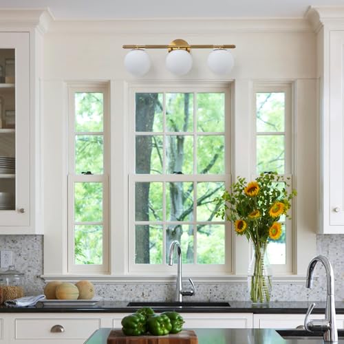 Image of 24 inch Brass Vanity Light, 3-Light Modern Gold Bathroom Lighting Fixtures Over Mirror with Knurled Texture Milk Glass Globe Wall Sconce