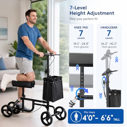 Image of Knee Scooter for Adults Foldable High Carbon Steel Knee Roller Scooter with Shock Absorption & Removable Bag, Adjustable Knee-Scooter for Foot /Ankle Surgery Recovery (Black 2)