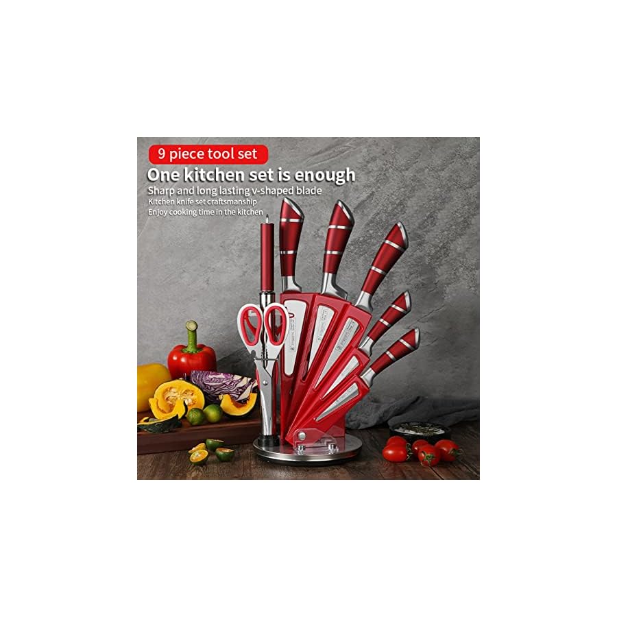 Kitchen Knife Set, 9-Piece Red Kitchen Knife Set with Acrylic Block, Non Stick Sharp High Carbon Stainless Steel Knife Set for Kitchen Cutting Meat Slicing Chopping Kitchen Gifts for Women (Red)