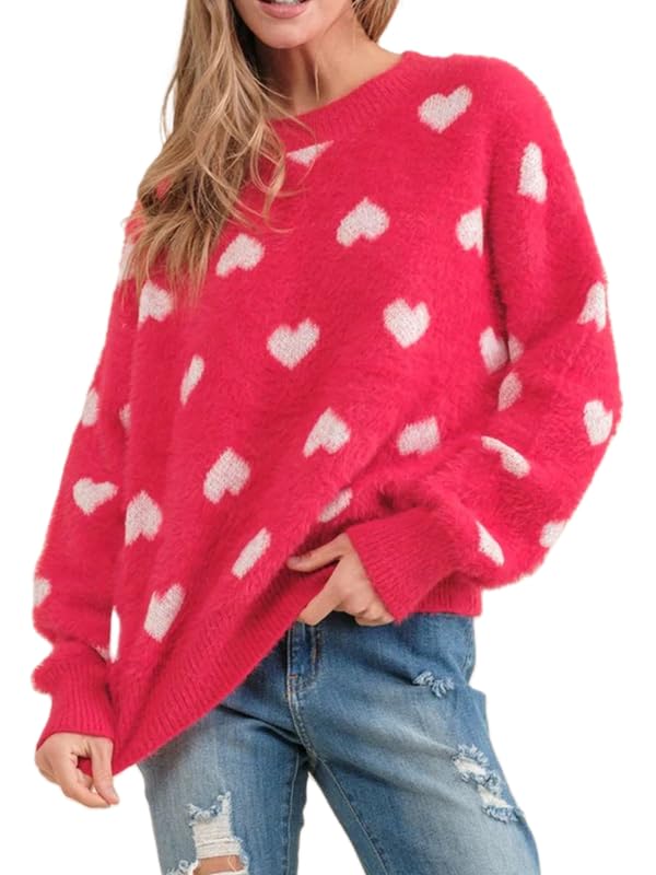 Image of Women Heart Print Knit Pullover Sweater Long Sleeve Round Neck Love Pattern Sweaters Trendy Valentine Knitted Sweater