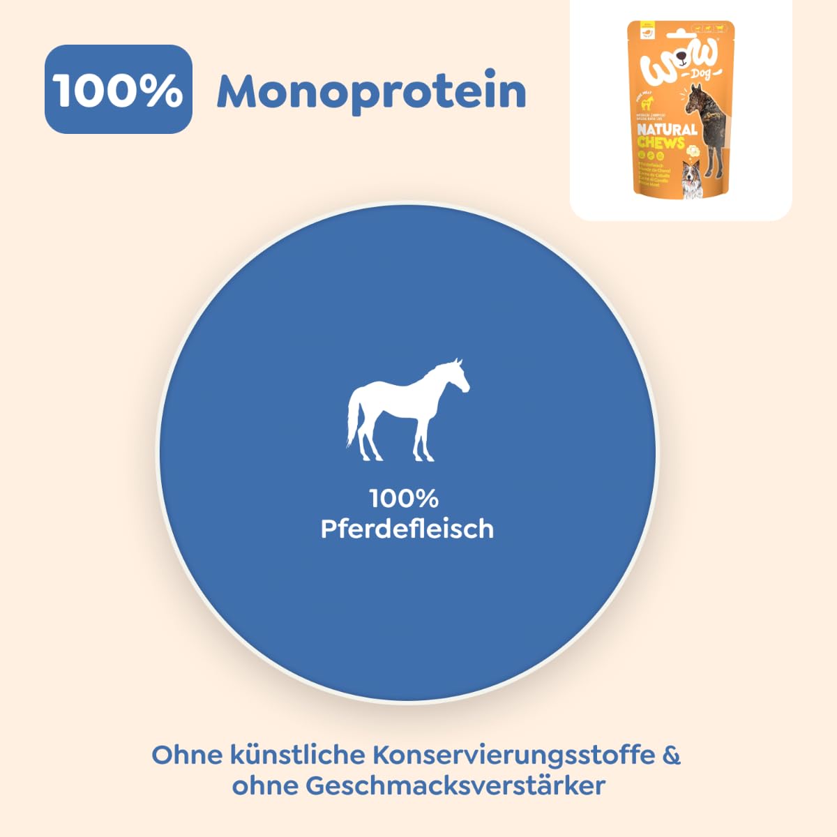 WOW Bocadillos masticables I 100 % carne de caballo seca (6 x 250 g) de proteína única para perros I Complemento alimenticio I Cuidado dental
