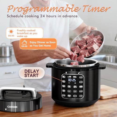 Image of 9-in-1 Electric Pressure Cooker 6 Quart Black, Stainless Steel Pot, 12 Preset Functions with Touchscreen, Safe Steam Release, Stew, Slow Cook, Rice, Saute, Warmer