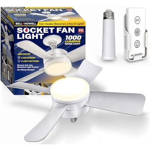 Socket Fan Light – Deluxe Model Warm Light Ceiling Fans with Lights, Ceiling Fan with Light Replacement for Light Bulb/Ceiling Fan for Bedroom, Kitchen, Living Room, Balcony, 1000 Lumens AS SEEN ON TV