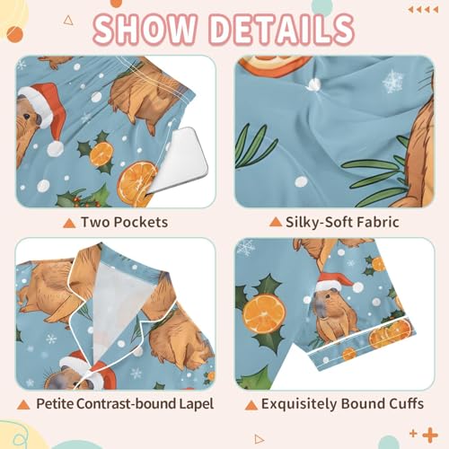 senya Capybaras with Juicy Oranges Satin Summer Pajama Sets Silk Short Sleeve Button Down Sleepwear3