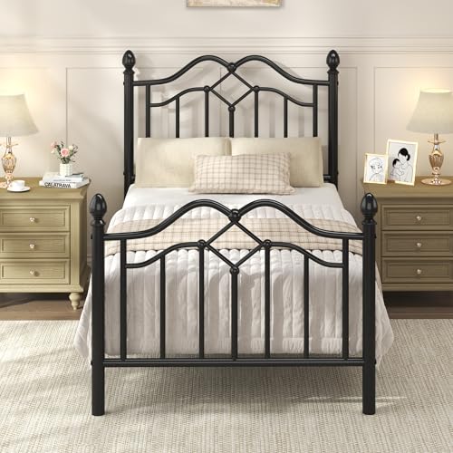 Image of LoVinson Twin Size Bed Frame with Victorian Headboard & Footboard, Black